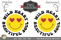 smiley face designs, retro style smiley face SVG, wild heart beautiful soul quote