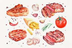 Smoke meat. Watercolor food clipart PNG. Steaks on grill BBQ Product Image 2