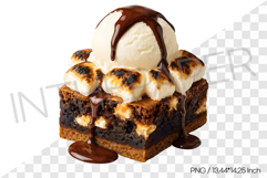Rich smore brownie with vanilla ice cream scoop PNG dessert Product Image 1