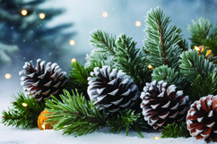 A pine branch with a pinecone and soft bokeh lights in a fes Product Image 1