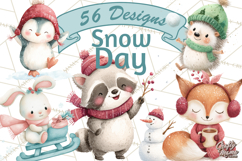 Snow Day Fun PNG, Watercolor Winter Animal Clipart Product Image 1