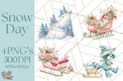 Snow Day Fun PNG, Watercolor Winter Animal Clipart Product Image 1