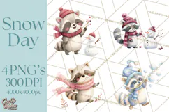Snow Day Fun PNG, Watercolor Winter Animal Clipart Product Image 1