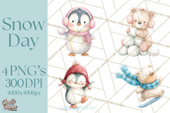 Snow Day Fun PNG, Watercolor Winter Animal Clipart Product Image 1