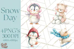 Snow Day Fun PNG, Watercolor Winter Animal Clipart Product Image 1