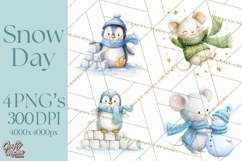 Snow Day Fun PNG, Watercolor Winter Animal Clipart Product Image 1