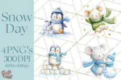 Snow Day Fun PNG, Watercolor Winter Animal Clipart Product Image 1