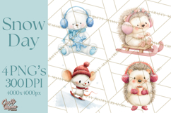 Snow Day Fun PNG, Watercolor Winter Animal Clipart Product Image 1
