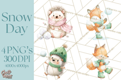 Snow Day Fun PNG, Watercolor Winter Animal Clipart Product Image 1
