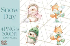 Snow Day Fun PNG, Watercolor Winter Animal Clipart Product Image 1