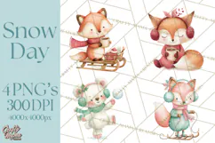 Snow Day Fun PNG, Watercolor Winter Animal Clipart Product Image 1
