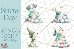 Snow Day Fun PNG, Watercolor Winter Animal Clipart Product Image 1
