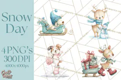 Snow Day Fun PNG, Watercolor Winter Animal Clipart Product Image 1