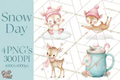 Snow Day Fun PNG, Watercolor Winter Animal Clipart Product Image 1