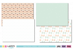Winter digital paper set showing snow globe, mitten, snowflake, and pastel mint background designs, perfect for cozy holiday crafts.