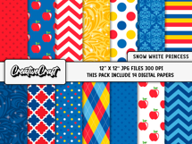 Snow White Princess Digital Papers, blue red apple scrapbook Product Image 2