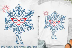 Snowflake woman SVG with magic wand for winter holiday crafts.