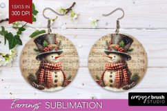 Snowman Round Earrings - Vintage Christmas PNG Sublimation Product Image 1