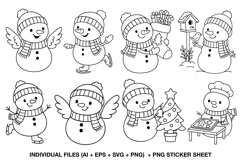 cute snowman line art clipart set for christmas crafts