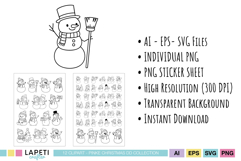 Adorable snowman clipart collection with black outlines, high resolution PNGs for crafting and printable stickers.