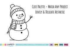 Cute snowman decorating a Christmas tree, holding a gift, perfect for festive scrapbooking and holiday stickers.