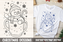Snowman with scarf and candy cane in mug—festive single-color cocoa SVG for shirts, mugs, cards, tote bags, stickers, and crafts.