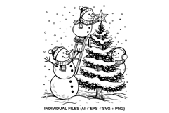 Snowman decorating tree using ladder Christmas scene