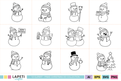 Bundle of cute snowman drawings in clean black line art, perfect for coloring pages and winter DIY projects.