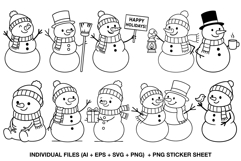 Set of cute snowman digital stamps in line art style, perfect for coloring, Christmas cards, and winter crafts.