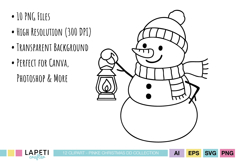 Snowman digital stamp with top hat and broom, ideal for Christmas clipart projects and coloring crafts.