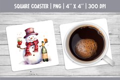 Watercolor Square Coaster Sublimation Design Snowman &amp; Wine Product Image 1