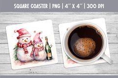Watercolor Square Coaster Sublimation Design Snowman &amp; Wine Product Image 1