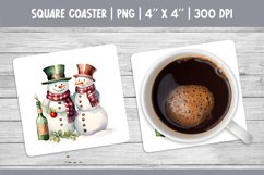 Watercolor Square Coaster Sublimation Design Snowman &amp; Wine Product Image 1