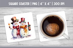 Watercolor Square Coaster Sublimation Design Snowman &amp; Wine Product Image 1