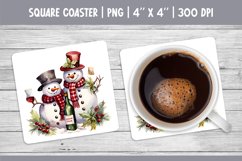 Watercolor Square Coaster Sublimation Design Snowman &amp; Wine Product Image 1