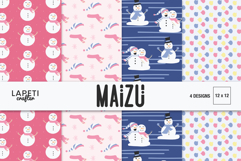 Winter digital papers with cute snowmen, mittens, and hats in pink, blue, and pastel colors.