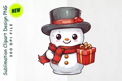 Snowman with Gift in Plaid Scarf & Top Hat Clipart Product Image 1