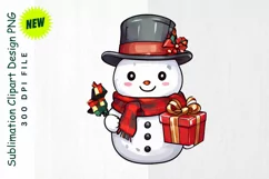 Snowman with Gift in Plaid Scarf & Top Hat Clipart Product Image 1