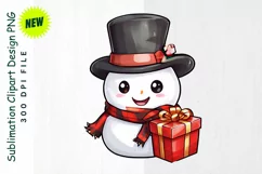 Snowman with Gift in Plaid Scarf & Top Hat Clipart Product Image 1