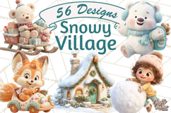 Winter Village Clipart, Snowman &amp; Fox Digital Art PNG Product Image 1