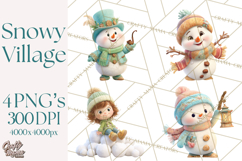 Winter Village Clipart, Snowman &amp; Fox Digital Art PNG Product Image 1
