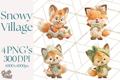 Winter Village Clipart, Snowman &amp; Fox Digital Art PNG Product Image 1