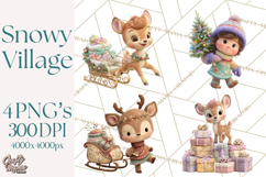 Winter Village Clipart, Snowman &amp; Fox Digital Art PNG Product Image 1