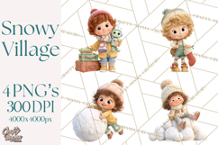 Winter Village Clipart, Snowman &amp; Fox Digital Art PNG Product Image 1