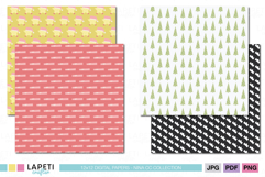 Gentle pastel Christmas paper bundle with festive trees, stars, and crowns in pink, yellow, and mint tones, ideal for cute printable crafts.