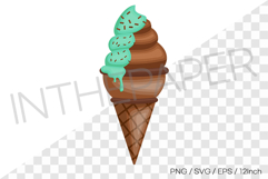 Chocolate soft cone with green syrup &amp; sprinkle rods PNG Product Image 1