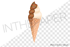 Vanilla waffle cone with chocolate syrup &amp; sprinkle rods PNG Product Image 1