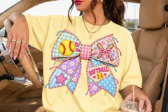 Mint Gingham Softball Bow PNG with Floral Patches Product Image 2