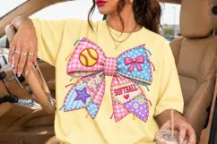 Pink Gingham Softball Bow PNG with Polka Dots Product Image 1