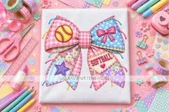 Pink Gingham Softball Bow PNG with Polka Dots Product Image 1